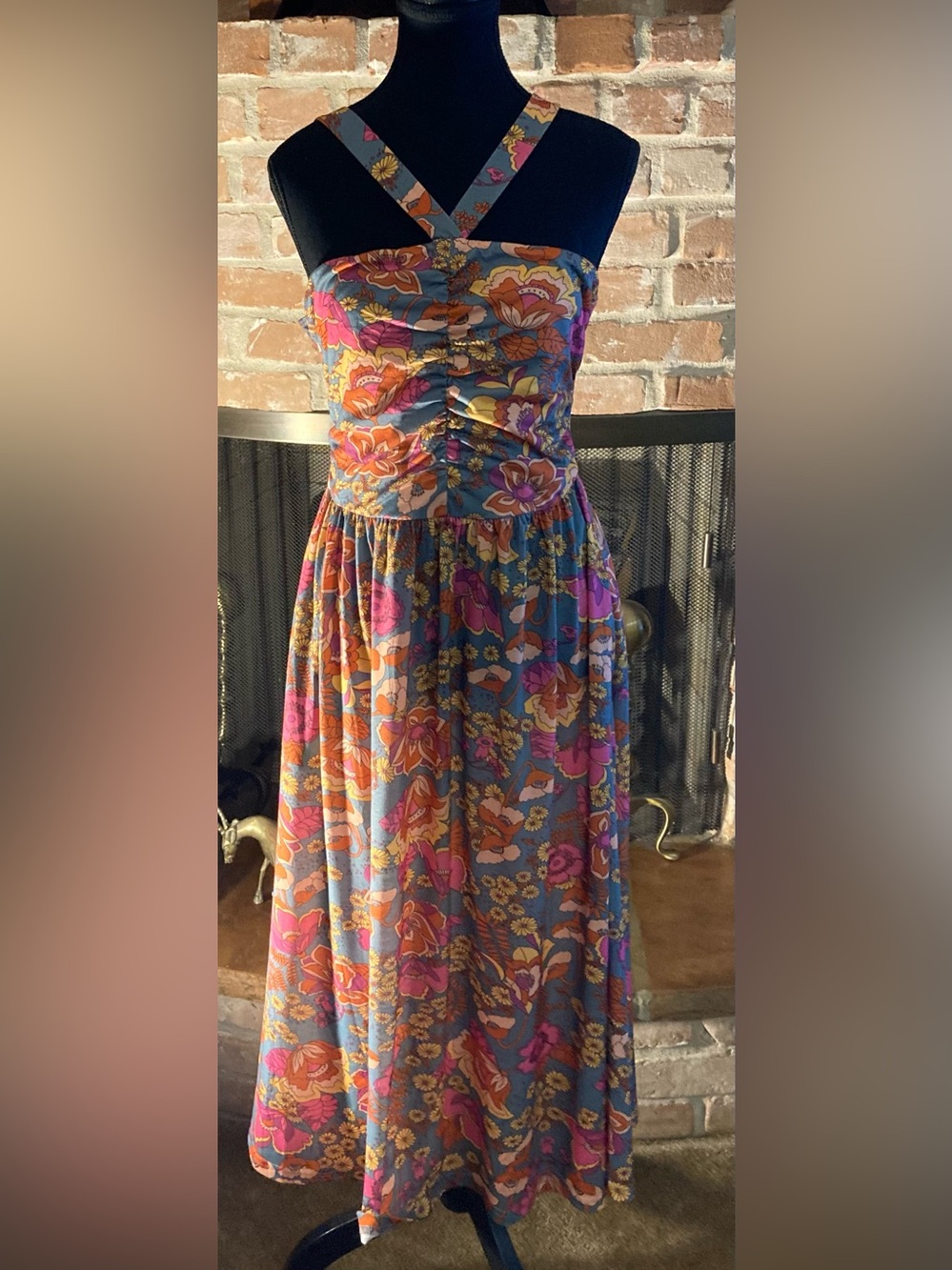 Floral Midi Sun Dress in Blue and Pink